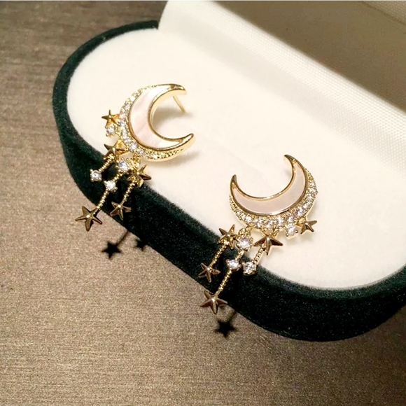 Gold Plated Pearlessent Crescent moon star drop earrings with silver post - Picture 8 of 16